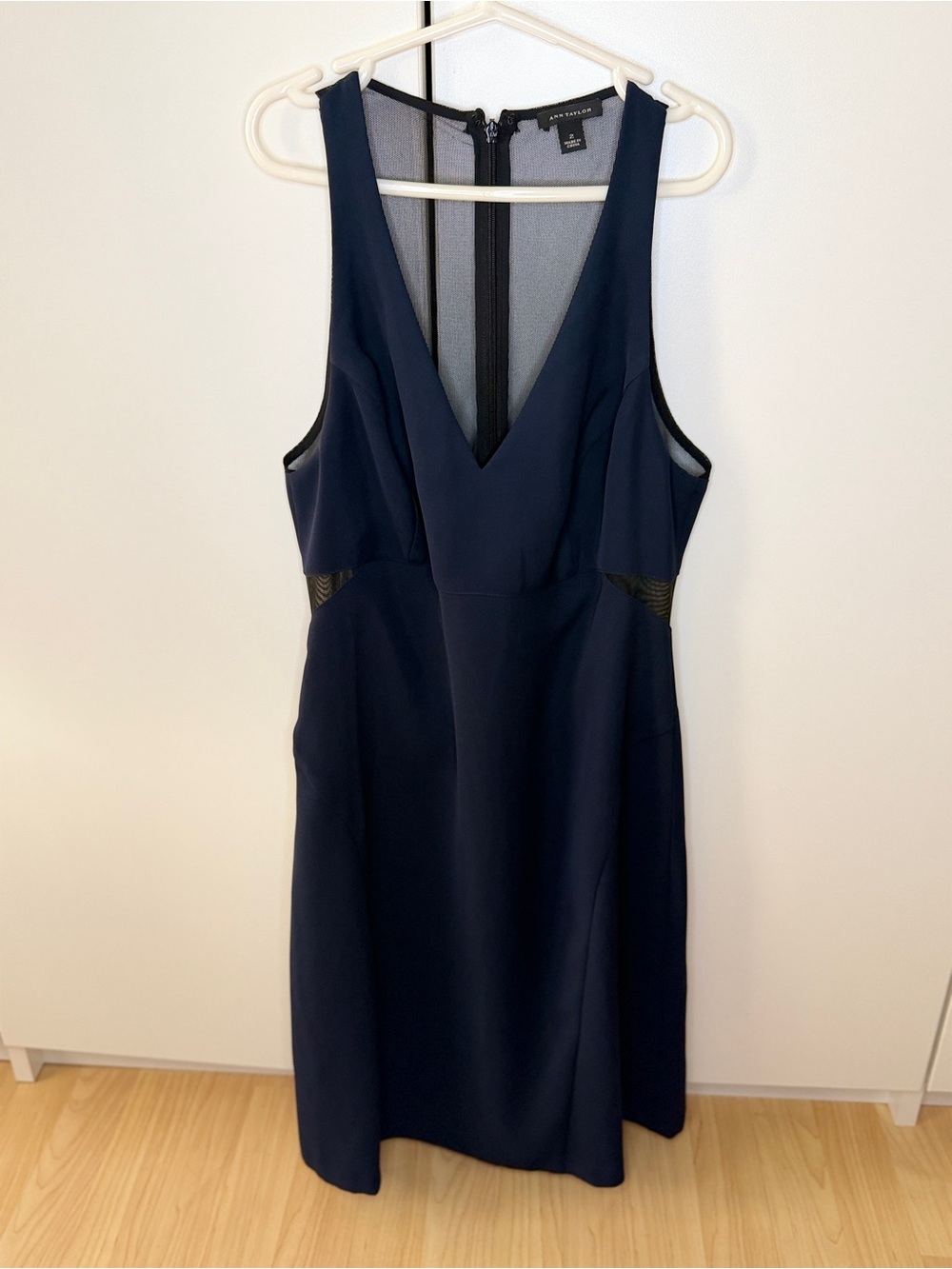 Ann Taylor Navy Sleeveless V-Neck Mini Dress with Mesh Insets